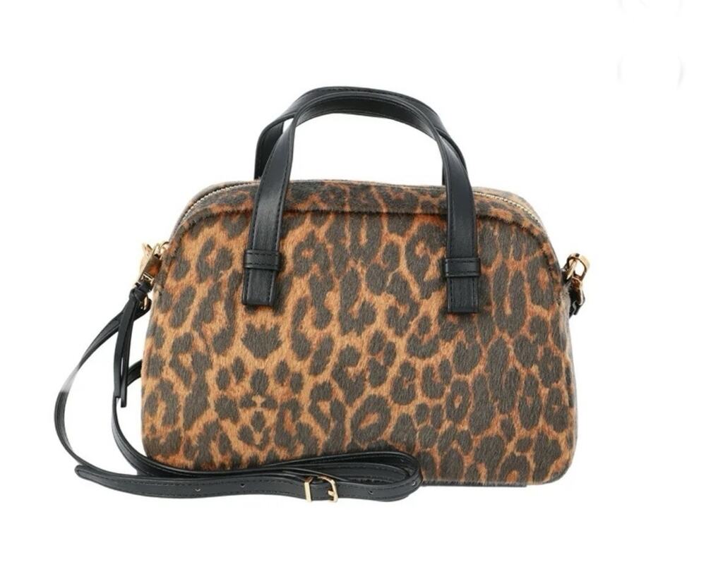 NWT Time and Tru Women Mini Satchel Crossbody Bag Faux Fur Leopard Print Boxy